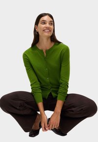 Grön knäppt cardigan gjord av mjukt material med en figursydd design, långa ärmar och ribbad mudd, i kombination med mörkbruna vida byxor.