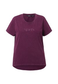 Lila Kurzarm-T-Shirt aus weichem, strukturiertem Stoff mit Rundhalsausschnitt und dezentem "Sports"-Logo in hellerer Farbe. Gerade Passform.