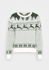 Maglione a maglia verde e bianco con renne, alberi e fiocchi di neve in un design a motivo. Polsini e orlo a coste. Collo rotondo.