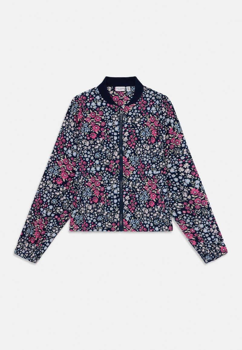 Veste bomber fleurie avec un fond marine, ornée de fleurs roses, bleues et crème. Tissu doux, fermeture éclair et col côtelé.