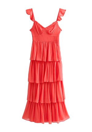 Korallenrotes, mehrlagiges ärmelloses Kleid mit gerafften Trägern, tailliertem Oberteil und vier gesammelten Lagen, die einen fließenden, gestuften Rock bilden.