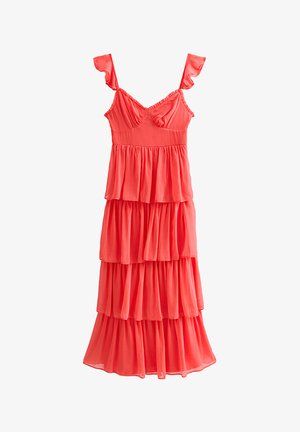 Korallenrotes, mehrlagiges ärmelloses Kleid mit gerafften Trägern, tailliertem Oberteil und vier gesammelten Lagen, die einen fließenden, gestuften Rock bilden.