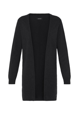 Cardigan nero con apertura frontale, maniche lunghe, polsini a coste e una consistenza morbida. Presenta un'etichetta con logo in basso a destra.