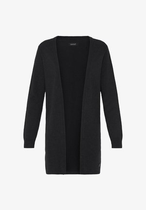 Fekete kardigán nyitott elejével, hosszú ujjakkal, bordázott mandzsettákkal és puha textúrával. A jobb alsó sarokban logós címke található.