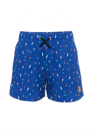 Costume da bagno blu con motivi di tavole da surf e palme arancioni, bianche e rosse, coulisse nera e toppa con logo arancione sulla gamba.