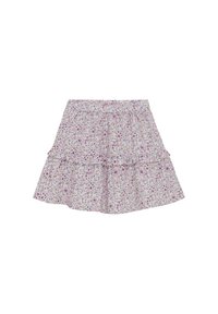 Blommönstrad kjol i lätt tyg med en lagerdesign, med nyanser av rosa och lila på en ljus bakgrund.