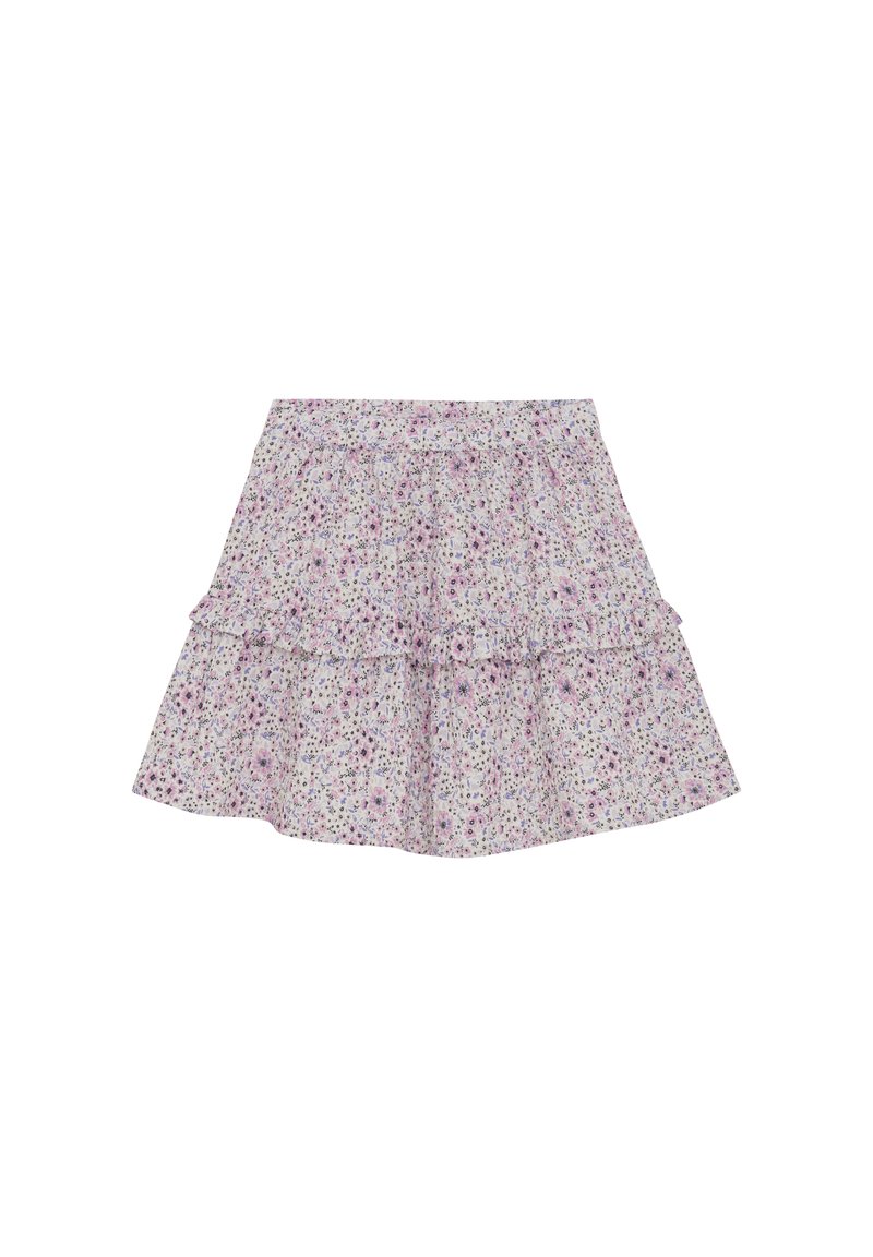 Blommönstrad kjol i lätt tyg med en lagerdesign, med nyanser av rosa och lila på en ljus bakgrund.