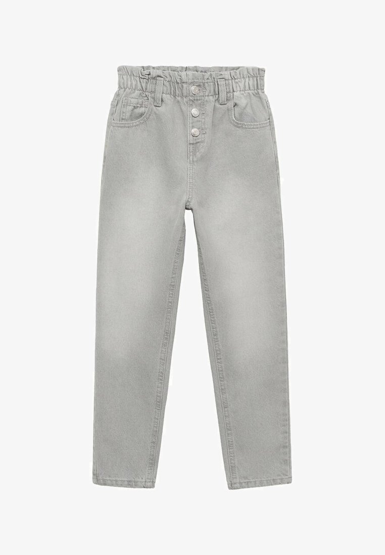 Sive hlače iz denima z elastičnim pasom, petimi žepi in sprednjim gumbom. Ravna kroja z gladko, mehko teksturo.