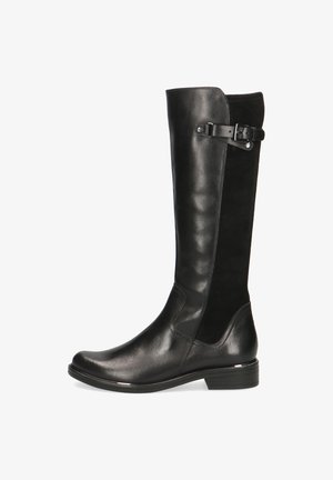 Black knee-high boots featuring a mix of smooth leather and suede. The design includes a strap and buckle accent on the upper side.