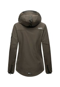 Dark brown softshell jacket with hood, zippered cuffs, mountain logo on upper back, and patch near hem, viewed from the back.