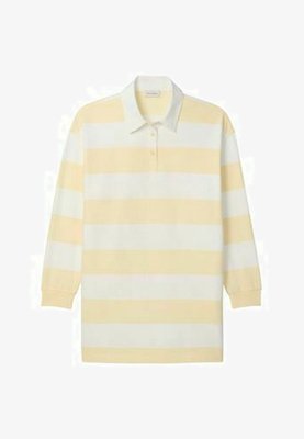 Langarm-Poloshirt mit blassgelben und weißen horizontalen Streifen, mit Kragen und Dreiknopf-Leiste.