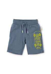 Graue Baumwollshorts mit einem Kordelzugbund und einem Skateboard-Graphic in leuchtendem Grün. Weicher Stoff, lässiges Design, knielange Schnittform.