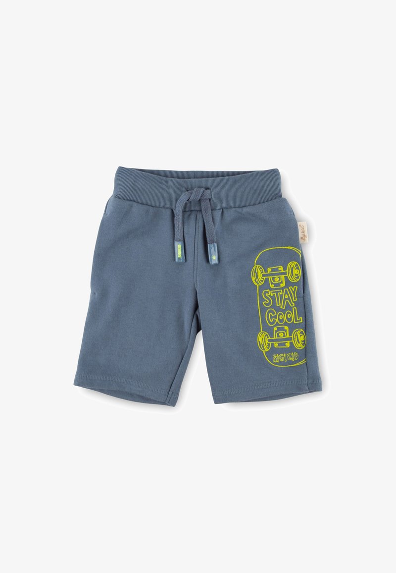 Graue Baumwollshorts mit einem Kordelzugbund und einem Skateboard-Graphic in leuchtendem Grün. Weicher Stoff, lässiges Design, knielange Schnittform.