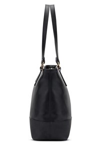 Black leather handbag with a rounded shape, long dual straps, and a smooth texture. Features a matte finish and a solid base.