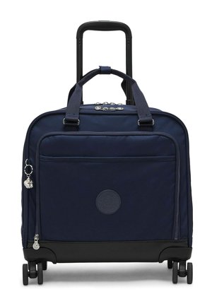 Valigia trolley blu navy con manico nero estensibile, tasca frontale con zip, due manici in tessuto, portachiavi e quattro ruote nere.