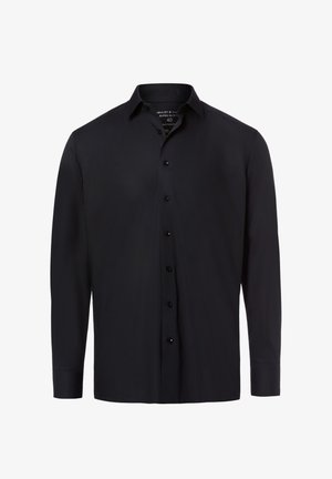 Chemise noire ajustée à manches longues avec boutons, col pointu et poignets standards.