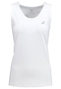 Camiseta atlética sin mangas blanca, fabricada con tejido que absorbe la humedad. Presenta un escote redondo y un pequeño logo en la parte delantera.