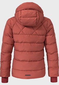 Rote gesteppte Pufferjacke mit Kapuze. Verfügt über horizontale und diagonale Nähte, elastische Bündchen und ein kontrastierendes Saumdetail.