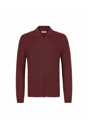 Burgundy zip-up cardigan av mjukt tyg, med krage, långa ärmar och en slät yta. Dragkedjеstängning fram.