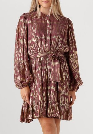 Bordeauxrood en gouden jurk met een patroon, lange poffende mouwen, een geraffineerde taille, een strikceintuur en een rimpelige zoom. Gemaakt van een glanzende stof met een gestructureerde afwerking.