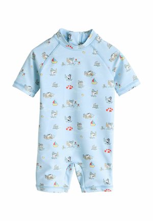 Hellblauer kurzärmeliger Badeanzug für Kleinkinder mit verspieltem Muster aus Cartoon-Hunden, die schwimmen, Gummienten, Segelbooten und Rettungsringen.