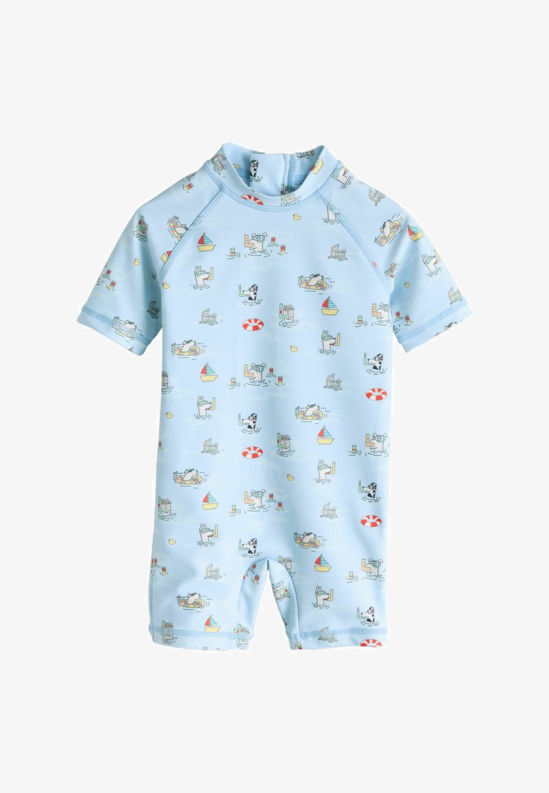 Maillot de bain bleu clair à manches courtes pour tout-petit, orné d'un motif ludique de chiens en dessin animé nageant, de petits canards en caoutchouc, de voiliers et de bouées de sauvetage.