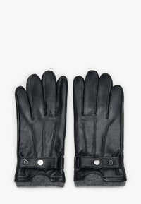 Černé kožené rukavice s pěti prsty, zdobené prošitými detaily, zapínáním na knoflík a šedou fleecovou podšívkou na zápěstí.
