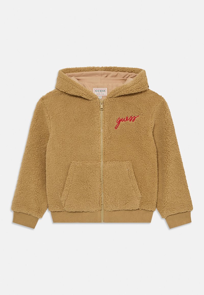 Pruun sherpa tõmblukkudega kapuutsiga jakk, kahe esikäe taskuga, ribaga mansettidega ja punase brodeeritud "guess" logoga rinna kohal.