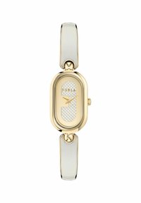 Gold-tone rectangular watch with a textured white dial, clear plastic strap, and logo detail. Elegant design with polished accents.