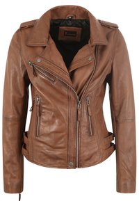 Braune Leder-Motorradjacke mit Reißverschlusstaschen, asymmetrischer Vorderseite, Druckknopfkragen und seitlichen Riemen für eine verstellbare Passform. Glatte Textur.