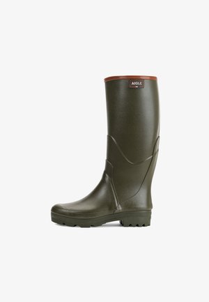 Green rubber rain boot with a tall design, textured finish, brown accent at the top, and a rugged sole for traction.
