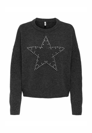 Donkergrijze trui met ronde hals, losse pasvorm en versierd met een sterrenpatroon van rhinestones aan de voorkant. Zacht, textuur gebreid stof.