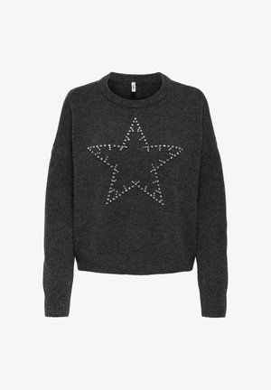 Suéter gris oscuro con cuello redondo, corte holgado y adornado con un patrón de estrellas de strass en la parte frontal. Tela de punto suave y texturizada.