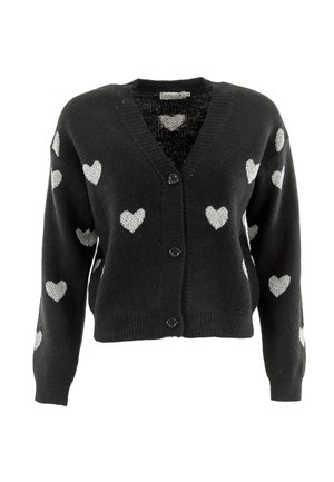 Cardigan noir avec des motifs en forme de cœur argentés, décolleté en V, fermeture à boutons et manches longues. Fabriqué en tissu doux et texturé.