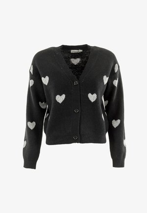 Cardigan nero con motivi a cuore argentati, scollatura a V, chiusura con bottoni e maniche lunghe. Realizzato in tessuto morbido e testurizzato.