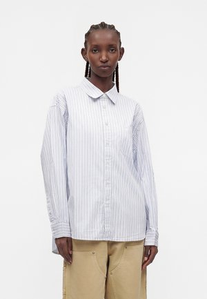 Vrouw met gevlochten haar draagt een lichtblauw-wit gestreept overhemd en beige broek, staand tegen een vlakke witte achtergrond.
