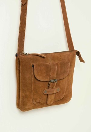 Brown suede crossbody bag with a front flap pocket, metal hardware, and a zipper closure. Features a textured surface and adjustable strap.