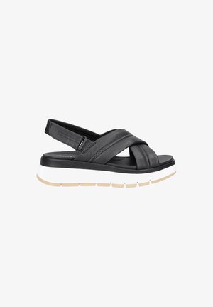 Svarta lädersandaler med tvärgående remmar, justerbar hälrem och en vit och beige gummisula med strukturerat grepp.