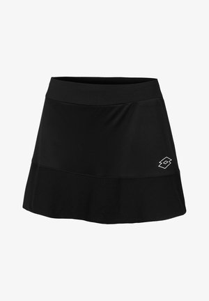 Zwarte sportrok met een aansluitende tailleband en een uitlopende zoom. Kenmerkt een gestructureerd onderstuk en een klein wit logo op de voorkant.