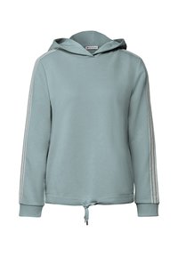 Hoodie i ljusblå bomullsmix med vita sidostråk, justerbar dragsko i nederkant och ribbade muddar. Slät textur, avslappnad design.