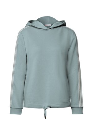 Sweat-shirt à capuche en coton léger bleu clair avec des rayures blanches sur les côtés, ourlet à cordon de serrage ajustable et poignets côtelés. Texture lisse, design décontracté.