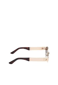 Kultaiset ja kilpikonnakuoriset laseet pyöreillä linsseillä, joissa on tyylikäs runko ja geometriset yksityiskohdat aurinkolasien varsissa.