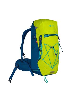 Bright green and blue hiking backpack with padded shoulder straps, adjustable waist belt, front bungee cords, and multiple buckles for outdoor use.