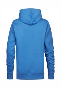 Hoodie w intensywnie niebieskim kolorze, z długimi rękawami, przyjemną w dotyku teksturą oraz prostym wzorem, z widokiem z tyłu, ukazującym gładki materiał.