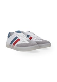 Weiße und graue Sneakers mit roten und blauen Streifen. Sie verfügen über eine strukturierte Wildlederfront, glatte Lederseiten und eine durchscheinende Gummisohle.
