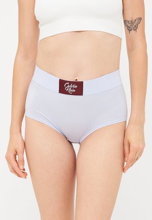Lichtblauwe katoenen high-waisted slips in een mix, met een bordeauxrood Calvin Klein-logo op de tailleband, met een zachte textuur en een minimalistisch ontwerp.
