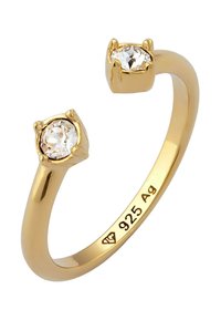 Goldplattierter 925er Sterling Silberring mit zwei klaren, runden Zirkonia-Steinen, die in Krappenfassungen gehalten werden. Glattes, offenes Banddesign.