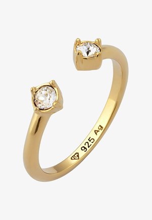 Guldbelagt 925 sterlingsølv ring med to klare, runde cubic zirconia sten fastholdt i klør. Glat, åben bånddesign.