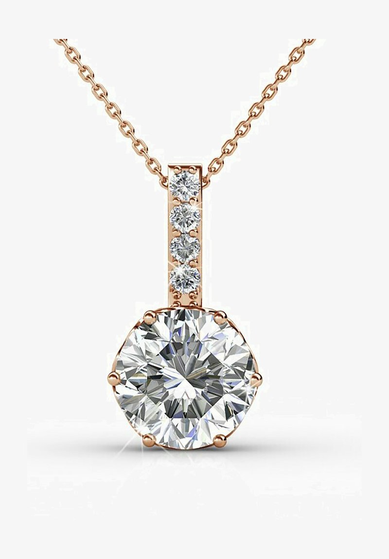 Runder Diamantanhänger in roségoldener Fassung; mit sechs kleineren Diamanten über dem Hauptstein; glatte Kettenglieder.