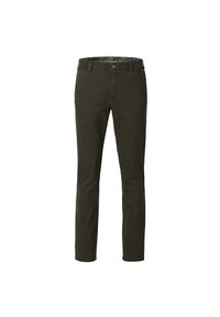 Donkergroene katoenen broek met een slim fit, voorzien van een knoop- en ritsluiting, en een gemusterd interieur aan de taille.